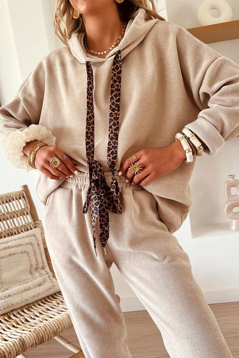 Leopard Tie Corduroy Hoodie High Waist Jogger Pant Set